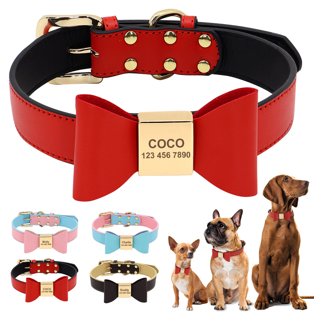 Personalized Dog Name Collar Soft Pu Leather Puppy Cat Bowknot