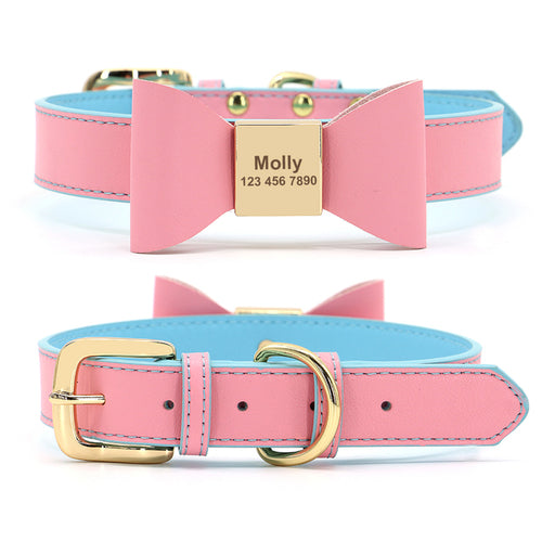 Personalized Dog Name Collar Soft Pu Leather Puppy Cat Bowknot