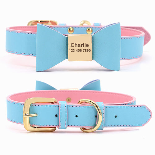 Personalized Dog Name Collar Soft Pu Leather Puppy Cat Bowknot