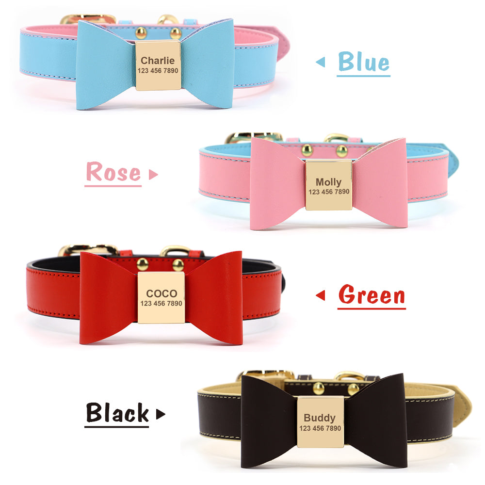 Personalized Dog Name Collar Soft Pu Leather Puppy Cat Bowknot