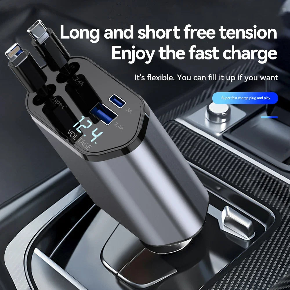 New Arrival 100w 4 IN 1 Retractable Car Charger USB Type C Cable For