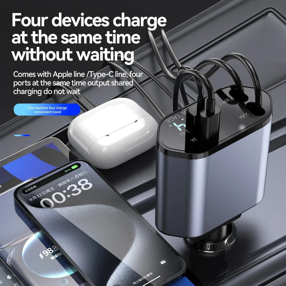 New Arrival 100w 4 IN 1 Retractable Car Charger USB Type C Cable For